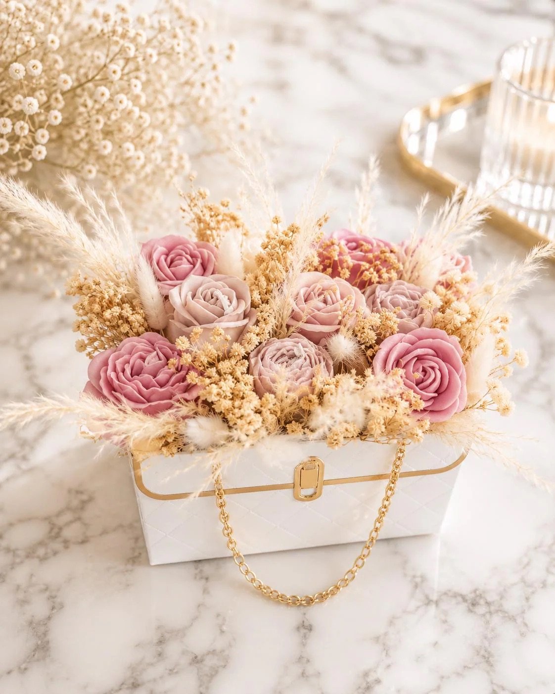 Composition de roses séchées roses, gypsophile et herbes de pampa dans un coffret blanc à chaîne dorée